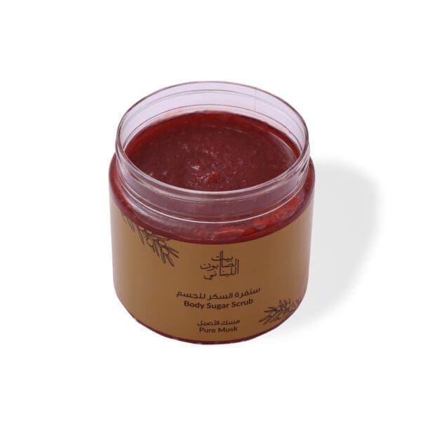Open shot of naturally luxurious fragrant skincare Pure Musk Body Sugar Scrub by House of Soap