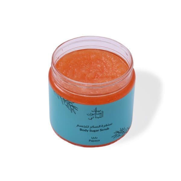 Open shot of naturally luxurious fragrant skincare Papaya Body Sugar Scrub by House of Soap