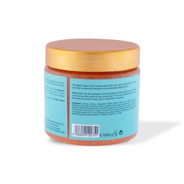 Back shot of naturally luxurious fragrant skincare Papaya Body Sugar Scrub by House of Soap