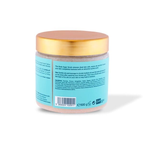 Back shot of naturally luxurious fragrant skincare Lychee Body Sugar Scrub by House of Soap