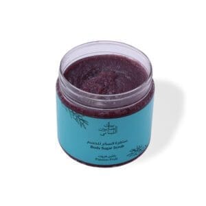 Open shot of naturally luxurious fragrant skincare Passion Fruit Body Sugar Scrub by House of Soap
