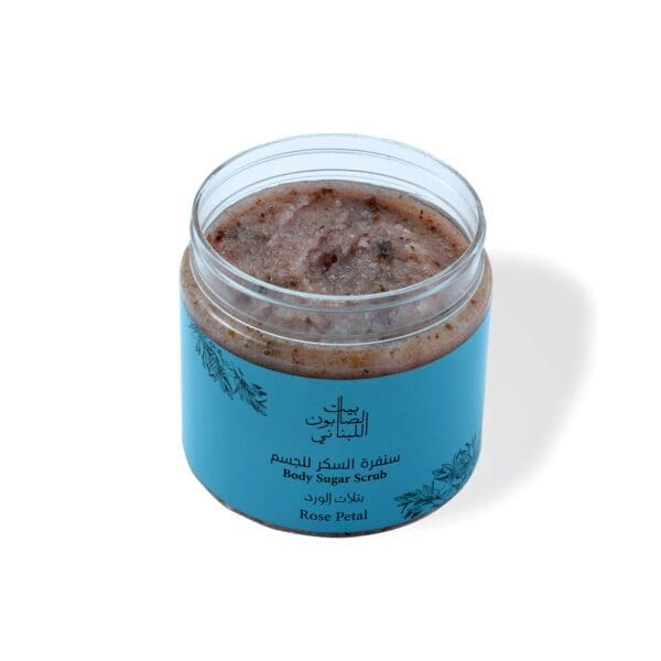 Open shot of naturally luxurious fragrant skincare Rose Petals Body Sugar Scrub by House of Soap
