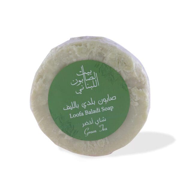 Front of naturally luxurious, fragrant and handmade skincare Green Tea Loofah Baladi Soap by House of Soap