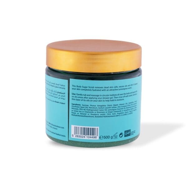 Back shot of naturally luxurious fragrant skincare Lemongrass Body Sugar Scrub by House of Soap