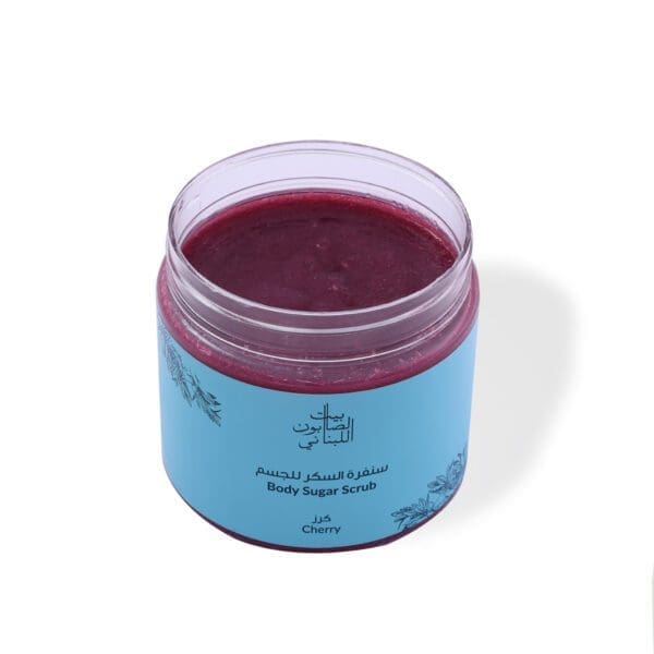 Open shot of naturally luxurious skincare Cherry Body Sugar Scrub by House of Soap