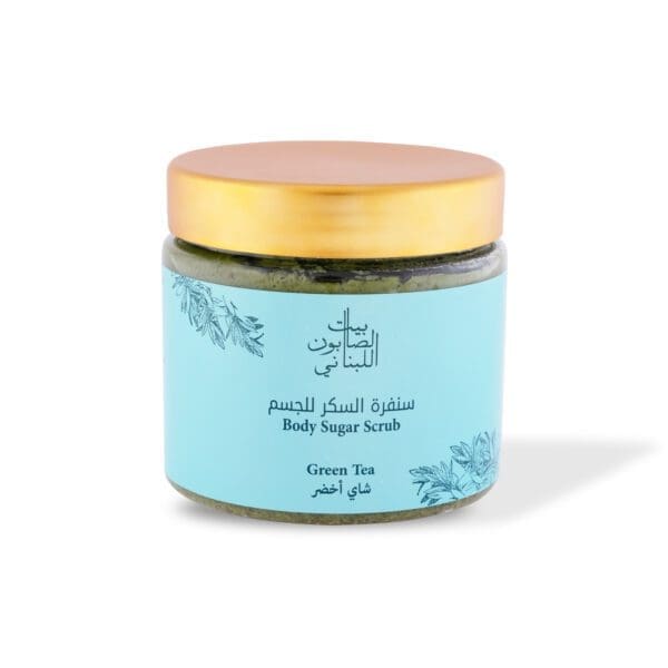 Front shot of naturally luxurious fragrant skincare Green Tea Body Sugar Scrub by House of Soap