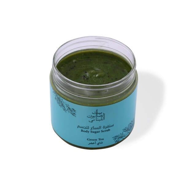 Open shot of naturally luxurious fragrant skincare Green Tea Body Sugar Scrub by House of Soap