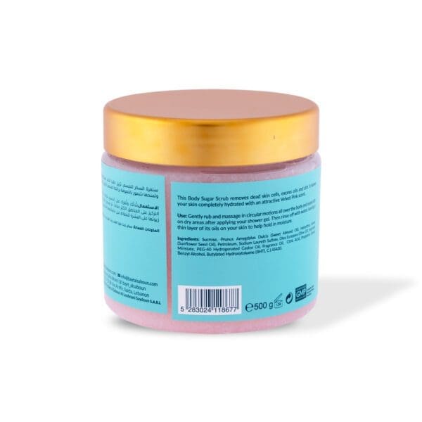 Back shot of naturally luxurious fragrant skincare Velvet Pink Body Sugar Scrub by House of Soap