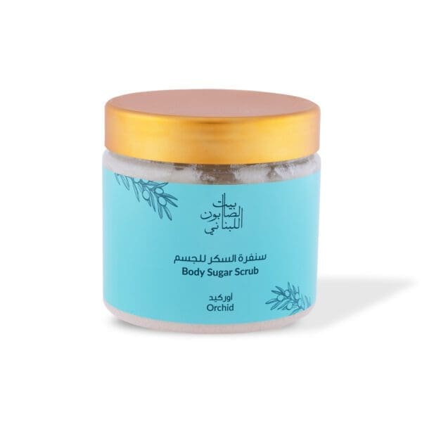 Front shot of naturally luxurious fragrant skincare Orchid Body Sugar Scrub by House of Soap