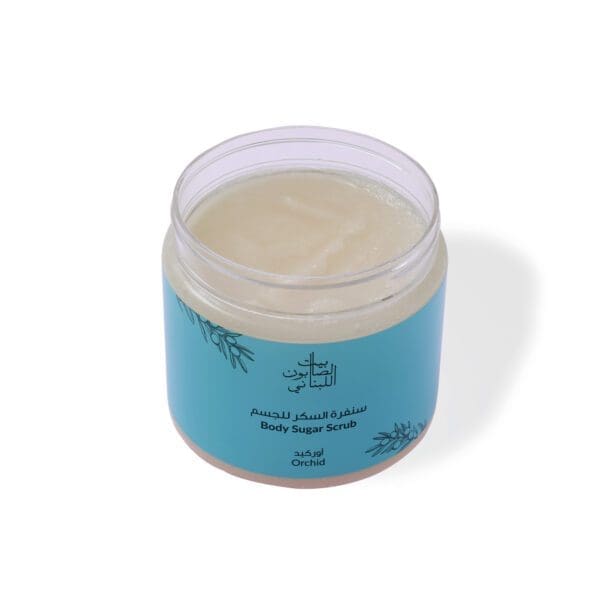Open shot of naturally luxurious fragrant skincare Orchid Body Sugar Scrub by House of Soap