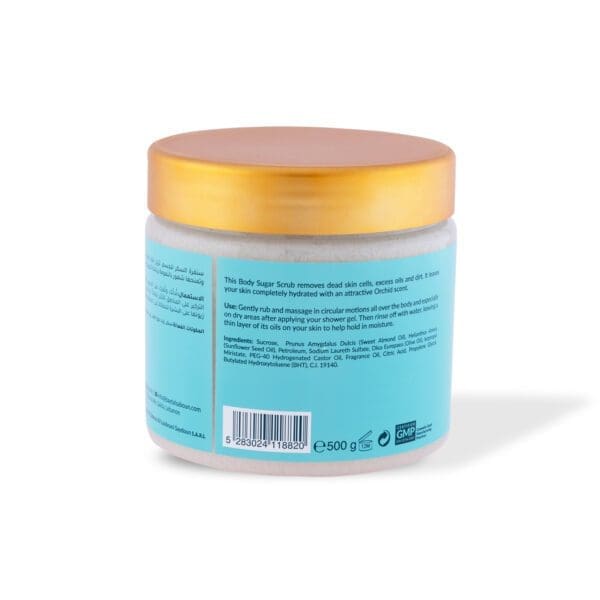 Back shot of naturally luxurious fragrant skincare Orchid Body Sugar Scrub by House of Soap