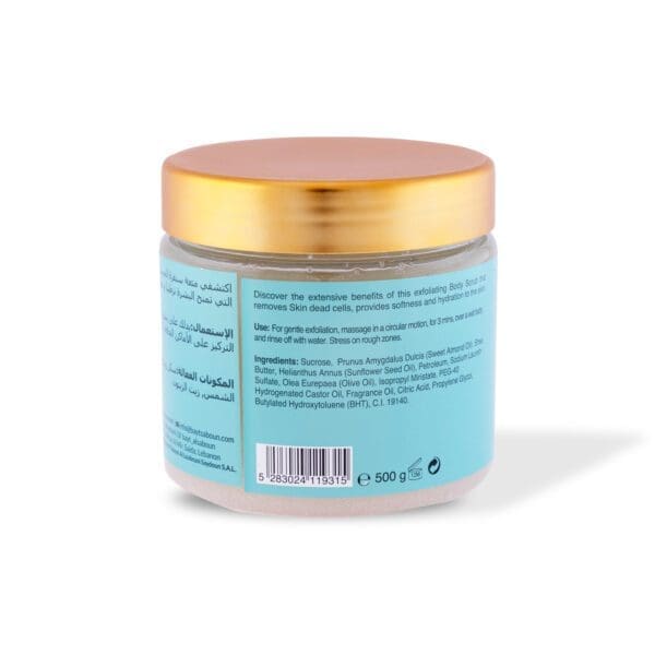 Back shot of naturally luxurious fragrant skincare Shea Body Sugar Scrub by House of Soap