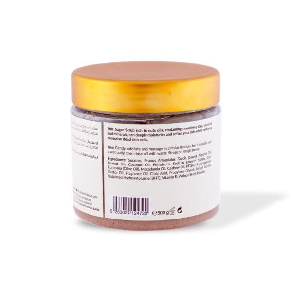 Back shot of naturally luxurious fragrant skincare Nut Oils Body Sugar Scrub by House of Soap