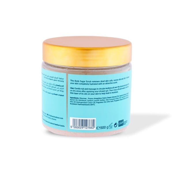 Back shot of naturally luxurious fragrant skincare Gharam Body Sugar Scrub by House of Soap