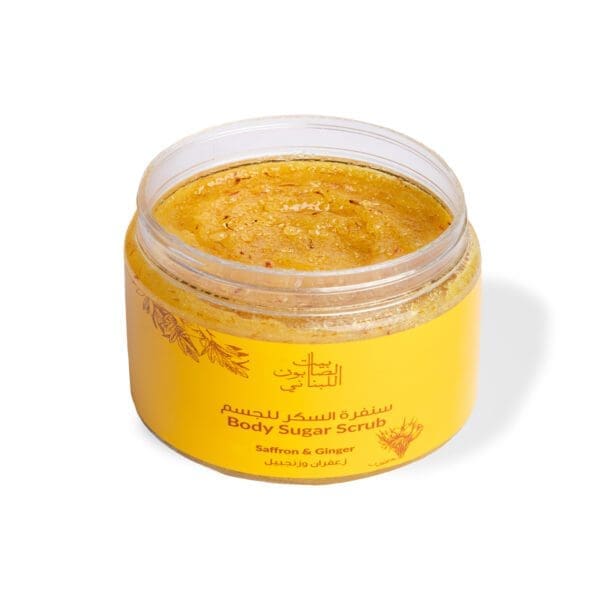 Open shot of naturally luxurious fragrant skincare Saffron & Ginger Body Sugar Scrub by House of Soap