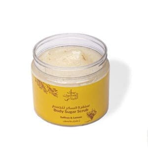 Open shot of naturally luxurious fragrant skincare Saffron & Lemon Body Sugar Scrub by House of Soap