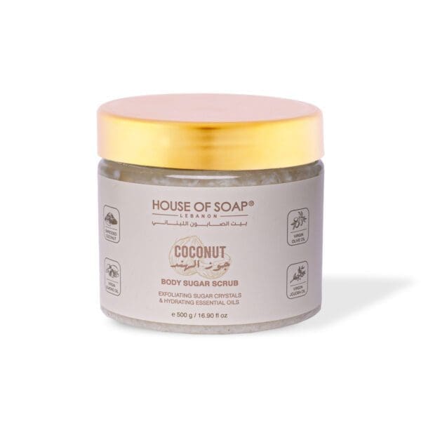 Front shot of naturally luxurious fragrant skincare Coconut Body Sugar Scrub by House of Soap