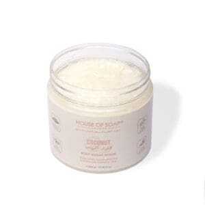 Open shot of naturally luxurious fragrant skincare Coconut Body Sugar Scrub by House of Soap