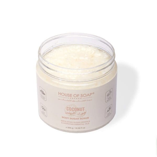 Open shot of naturally luxurious fragrant skincare Coconut Body Sugar Scrub by House of Soap