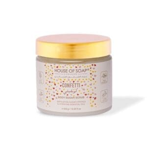 Front shot of naturally luxurious fragrant skincare Confetti Body Sugar Scrub by House of Soap