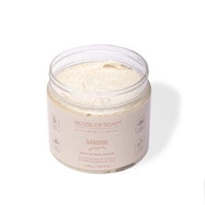 Open shot of naturally luxurious fragrant skincare Bambini Body Sugar Scrub by House of Soap