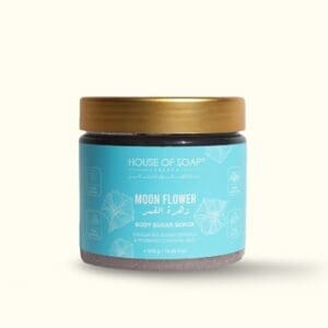 Front shot of naturally luxurious fragrant skincare Moon Flower Body Sugar Scrub by House of Soap