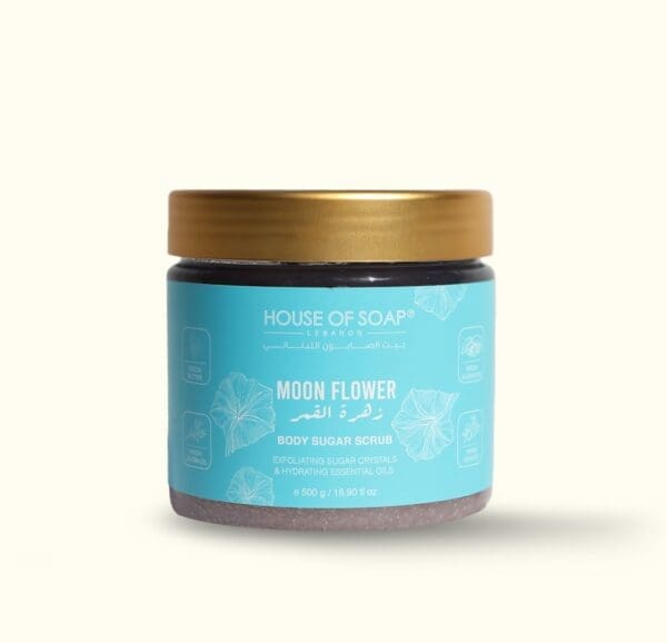 Front shot of naturally luxurious fragrant skincare Moon Flower Body Sugar Scrub by House of Soap